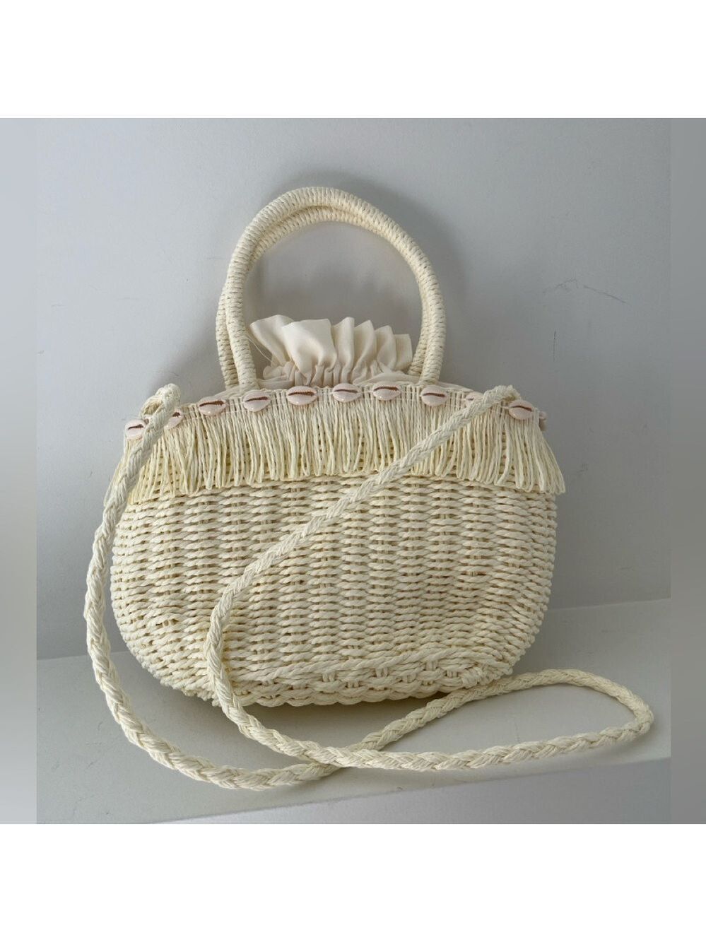 WOVEN Shell Fringe Detail Cross Body Bag Drawstring Closure Boho Vacation Chic